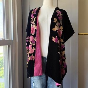 Vintage Casual Corner Velvet Floral Scarf Silk Blend Black Embroidered Beaded